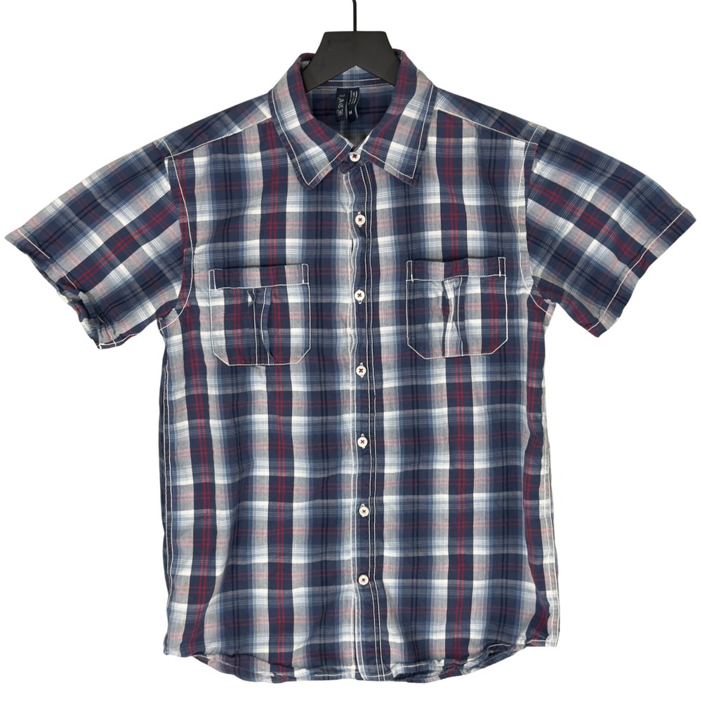 Jack Plaid Button Down Shirt Mens Medium Blue Short Sleeve Excellent Cotton